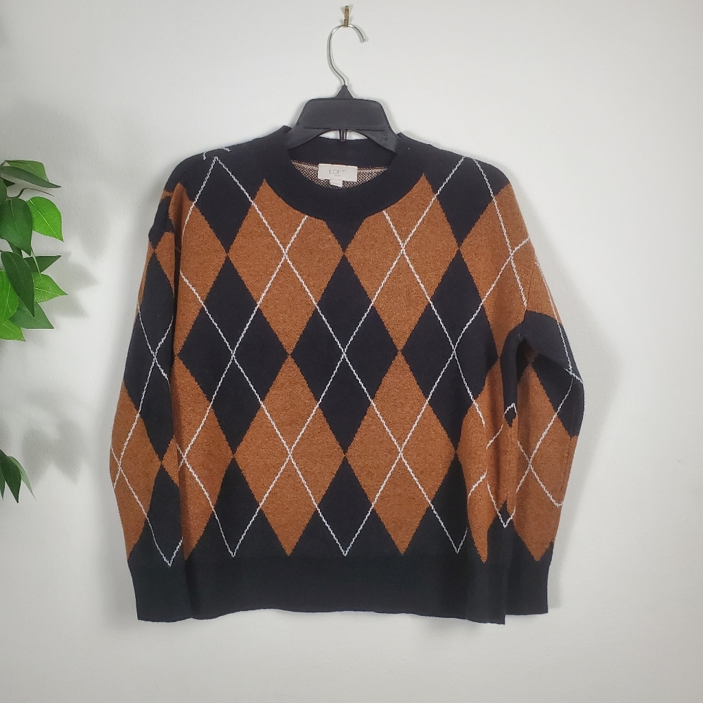 LOFT Sweater Argyle Patterned Black and Brown Women's Size XS